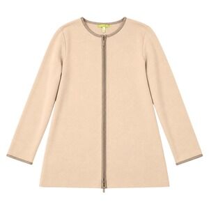 Sigrid Olsen Cardigan Coat Women 1X Tan Cotton Knit Leather Trim Zip Plus Luxury